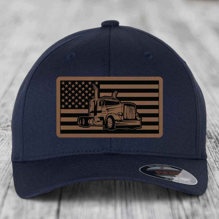 American Flag Peterbilt Truck - Leather Patch Hat - Dark Brown to Black Patch - Flexfit 6277 Fitted Hat