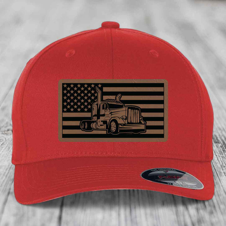 American Flag Peterbilt Truck - Leather Patch Hat - Dark Brown to Black Patch - Flexfit 6277 Fitted Hat
