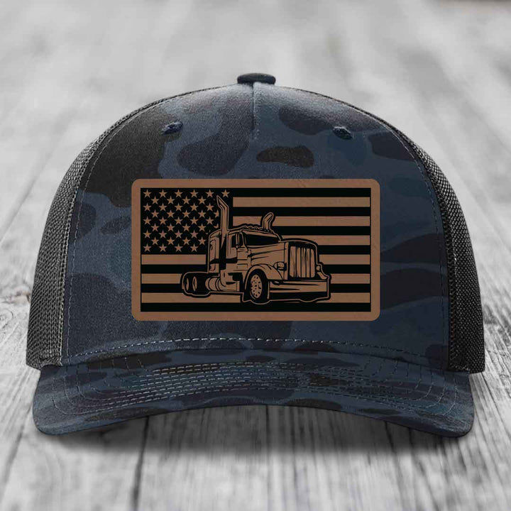 American Flag Peterbilt Truck - Leather Patch Hat - Dark Brown to Black Patch - Richardson 112PFP Snapback Trucker Hat