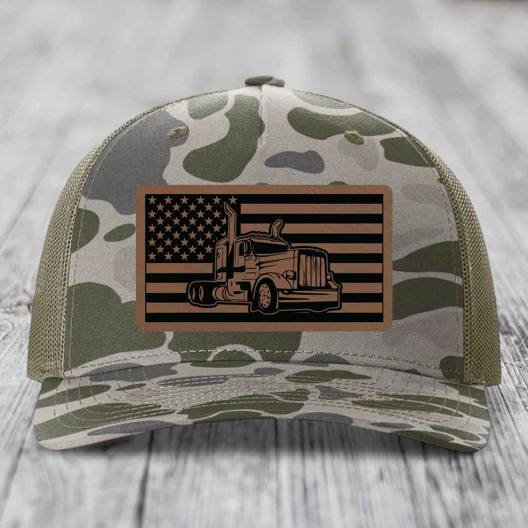 American Flag Peterbilt Truck - Leather Patch Hat - Dark Brown to Black Patch - Richardson 112PFP Snapback Trucker Hat