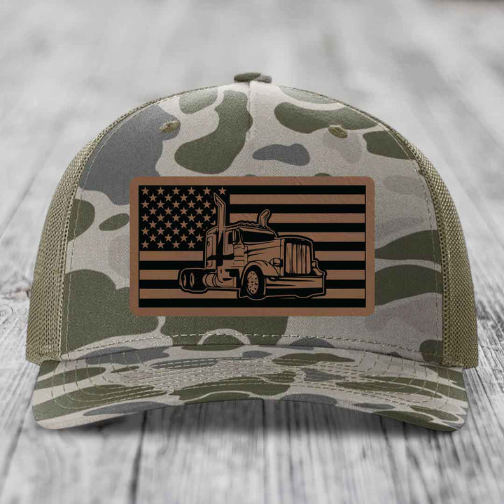 American Flag Peterbilt Truck - Leather Patch Hat - Dark Brown to Black Patch - Richardson 112PFP Snapback Trucker Hat