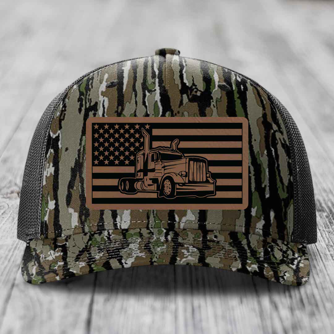 American Flag Peterbilt Truck - Leather Patch Hat - Dark Brown to Black Patch - Richardson 112PFP Snapback Trucker Hat
