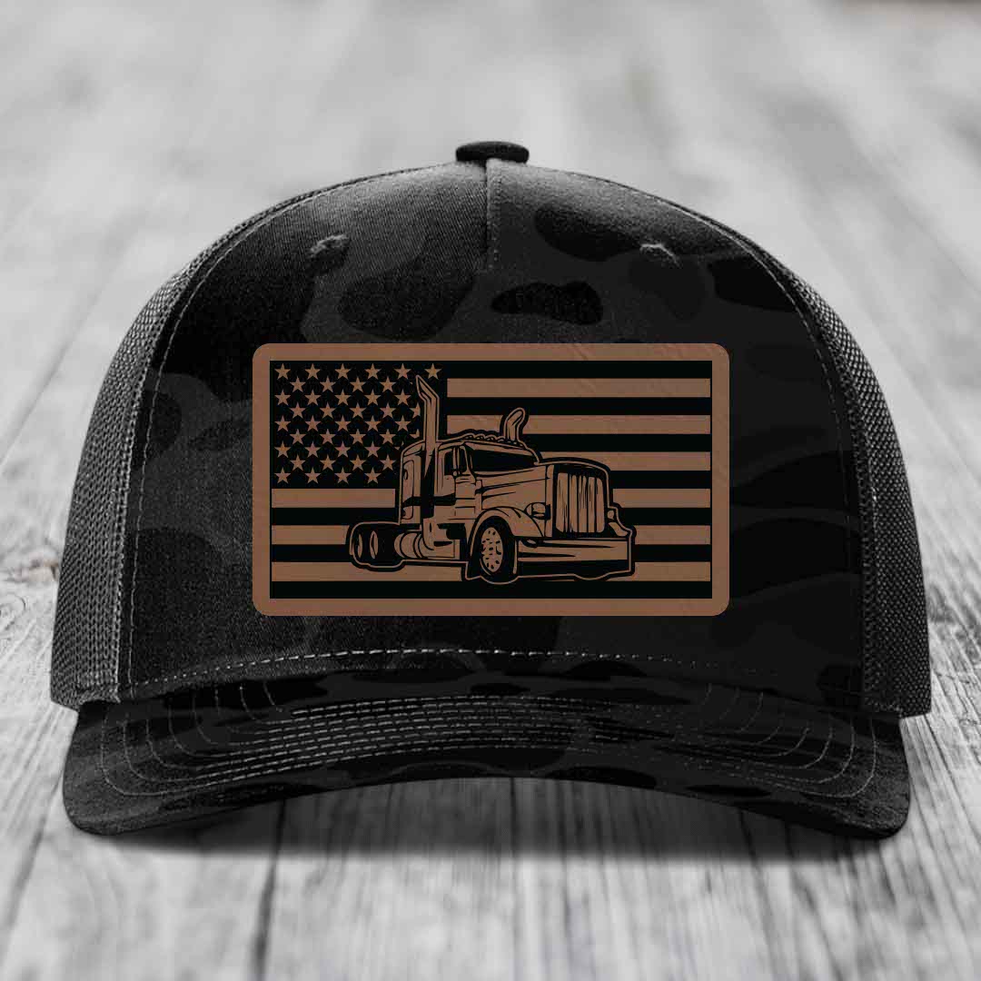 American Flag Peterbilt Truck - Leather Patch Hat - Dark Brown to Black Patch - Richardson 112PFP Snapback Trucker Hat
