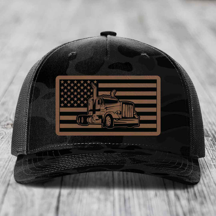 American Flag Peterbilt Truck - Leather Patch Hat - Dark Brown to Black Patch - Richardson 112PFP Snapback Trucker Hat