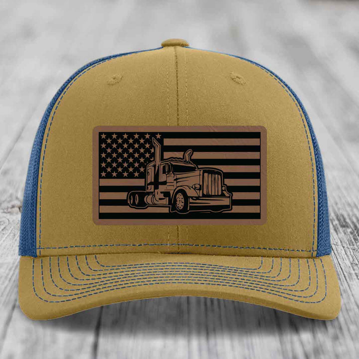 American Flag Peterbilt Truck - Leather Patch Hat - Dark Brown to Black Patch - Richardson 112 Snapback Trucker Hat