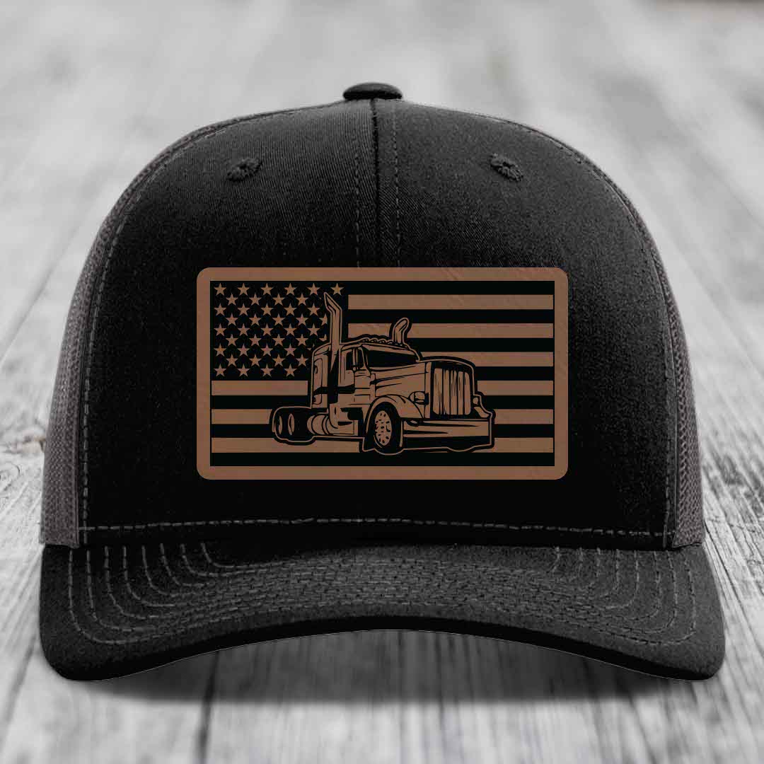 American Flag Peterbilt Truck - Leather Patch Hat - Dark Brown to Black Patch - Richardson 112 Snapback Trucker Hat