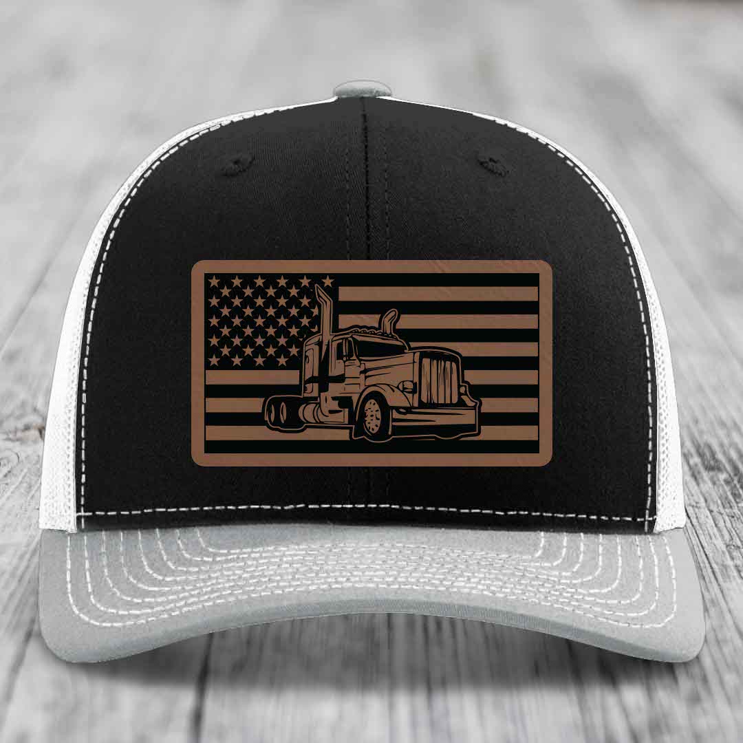 American Flag Peterbilt Truck - Leather Patch Hat - Dark Brown to Black Patch - Richardson 112 Snapback Trucker Hat