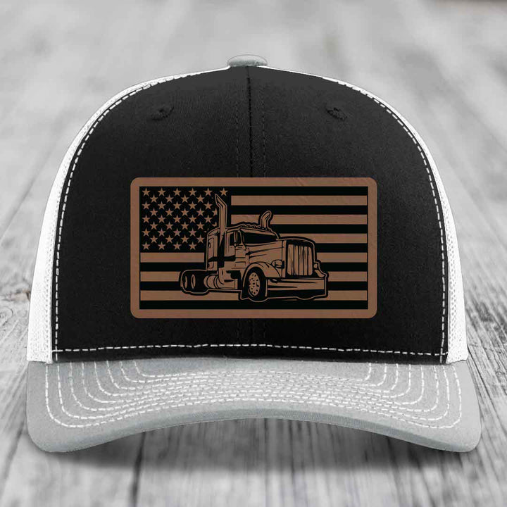 American Flag Peterbilt Truck - Leather Patch Hat - Dark Brown to Black Patch - Richardson 112 Snapback Trucker Hat