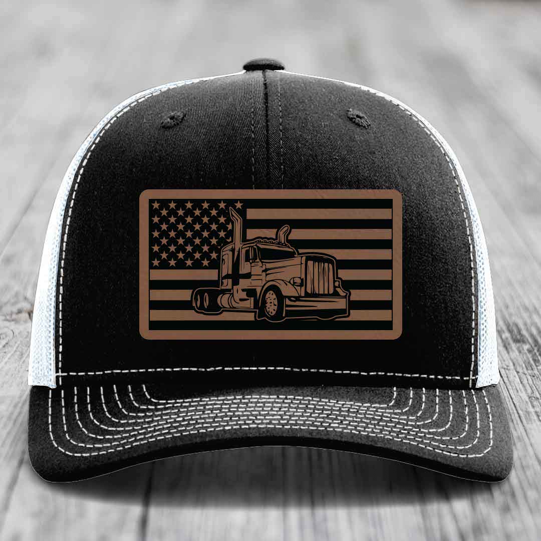 American Flag Peterbilt Truck - Leather Patch Hat - Dark Brown to Black Patch - Richardson 112 Snapback Trucker Hat