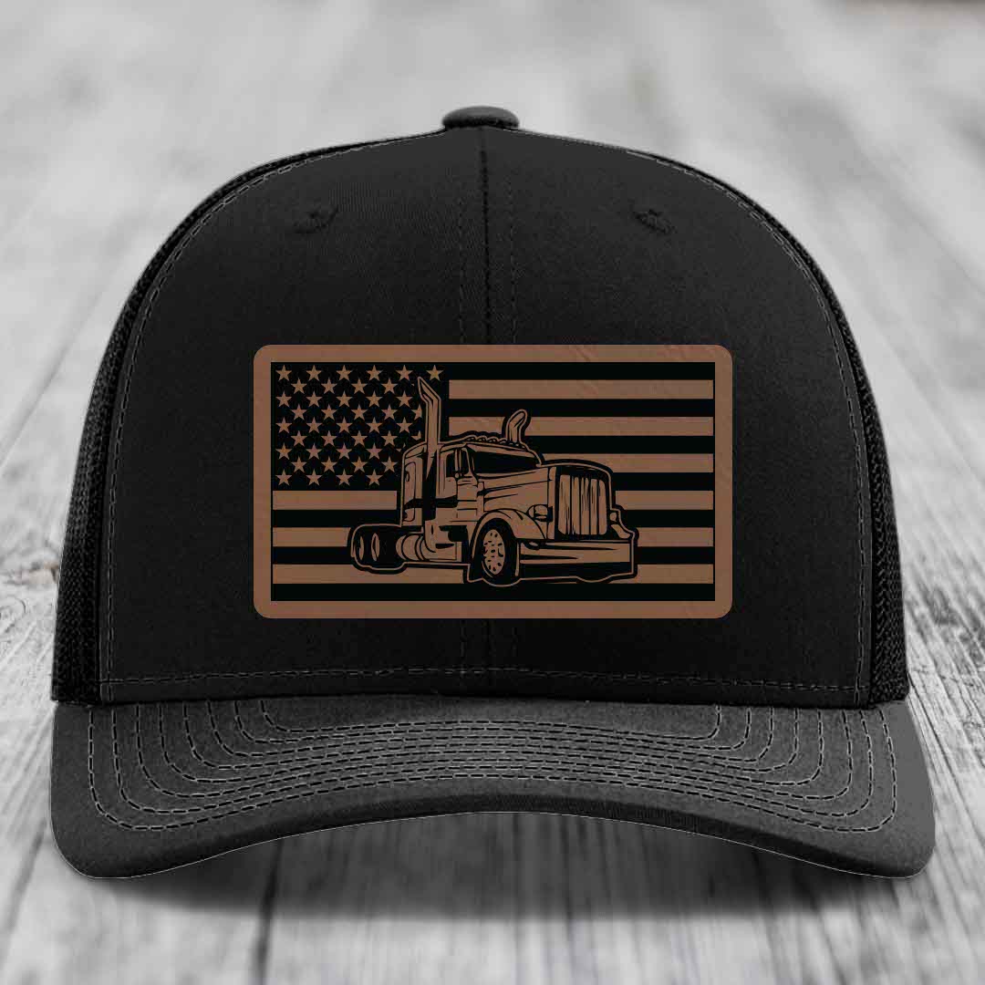 American Flag Peterbilt Truck - Leather Patch Hat - Dark Brown to Black Patch - Richardson 112 Snapback Trucker Hat
