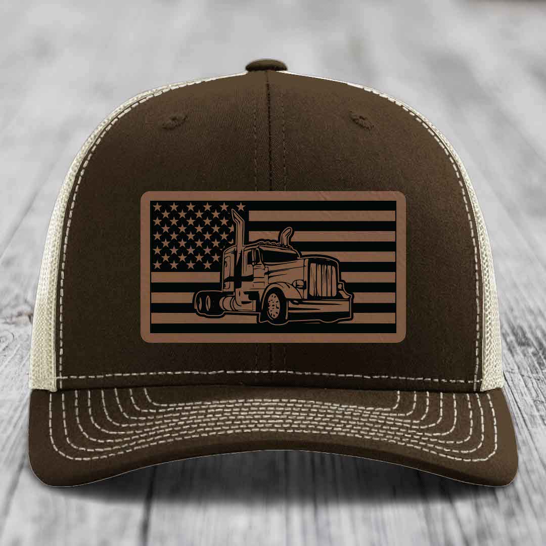 American Flag Peterbilt Truck - Leather Patch Hat - Dark Brown to Black Patch - Richardson 112 Snapback Trucker Hat