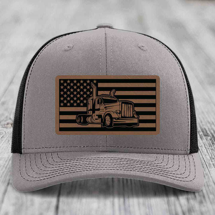 American Flag Peterbilt Truck - Leather Patch Hat - Dark Brown to Black Patch - Richardson 112 Snapback Trucker Hat