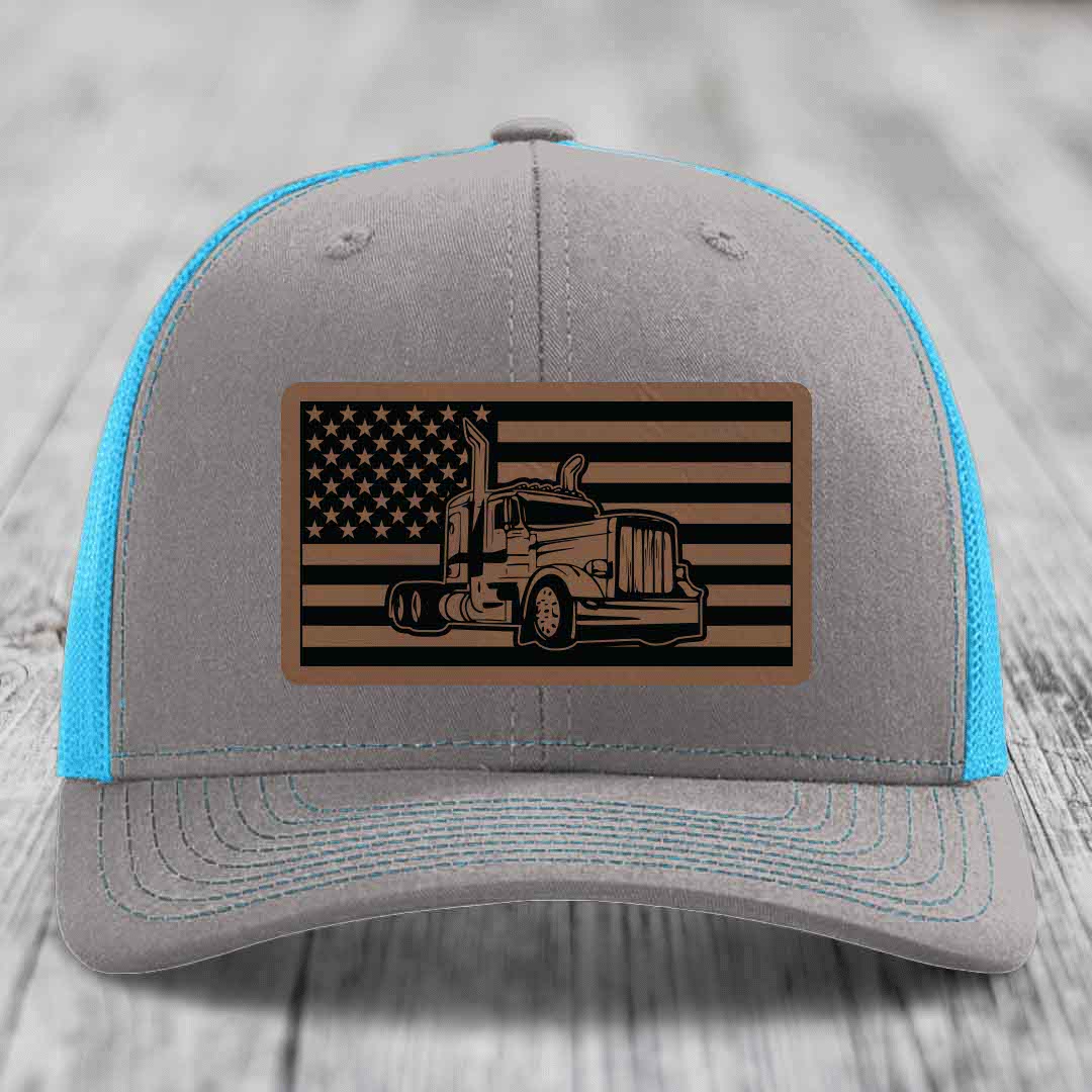 American Flag Peterbilt Truck - Leather Patch Hat - Dark Brown to Black Patch - Richardson 112 Snapback Trucker Hat
