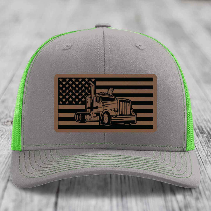 American Flag Peterbilt Truck - Leather Patch Hat - Dark Brown to Black Patch - Richardson 112 Snapback Trucker Hat