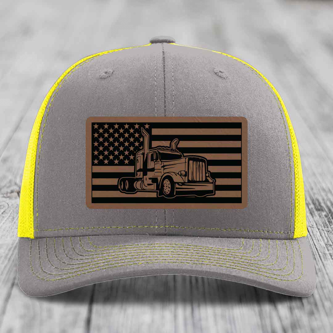 American Flag Peterbilt Truck - Leather Patch Hat - Dark Brown to Black Patch - Richardson 112 Snapback Trucker Hat