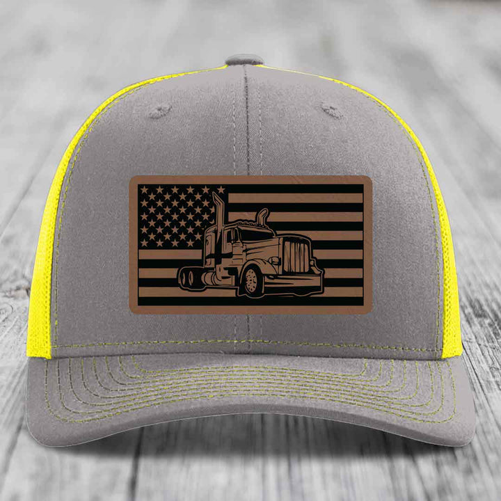 American Flag Peterbilt Truck - Leather Patch Hat - Dark Brown to Black Patch - Richardson 112 Snapback Trucker Hat