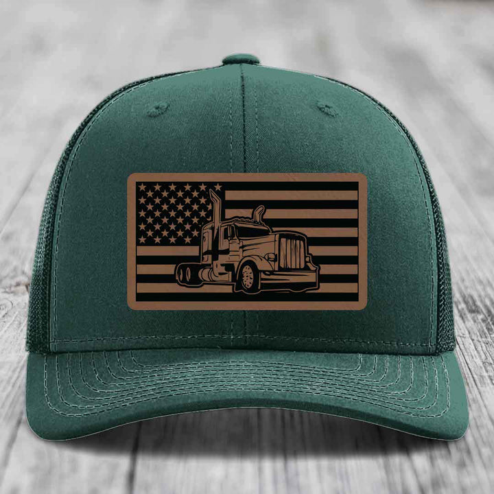 American Flag Peterbilt Truck - Leather Patch Hat - Dark Brown to Black Patch - Richardson 112 Snapback Trucker Hat