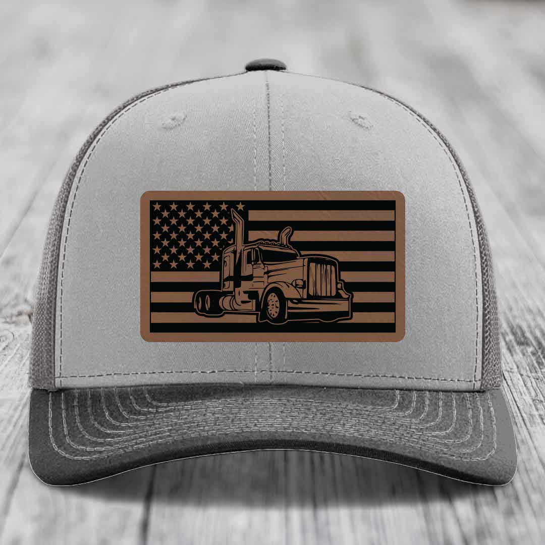 American Flag Peterbilt Truck - Leather Patch Hat - Dark Brown to Black Patch - Richardson 112 Snapback Trucker Hat