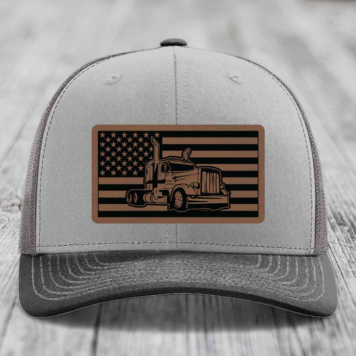 American Flag Peterbilt Truck - Leather Patch Hat - Dark Brown to Black Patch - Richardson 112 Snapback Trucker Hat