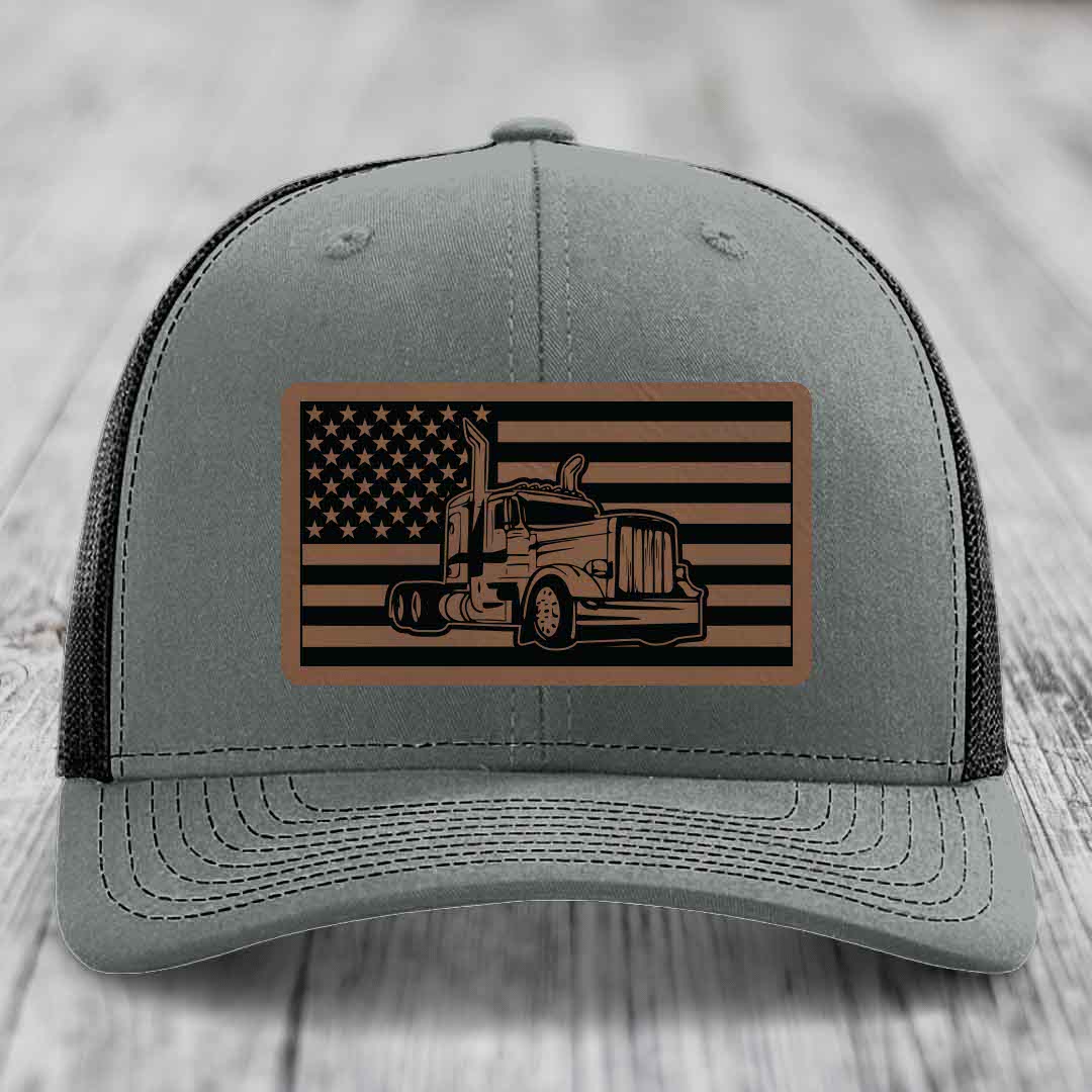 American Flag Peterbilt Truck - Leather Patch Hat - Dark Brown to Black Patch - Richardson 112 Snapback Trucker Hat