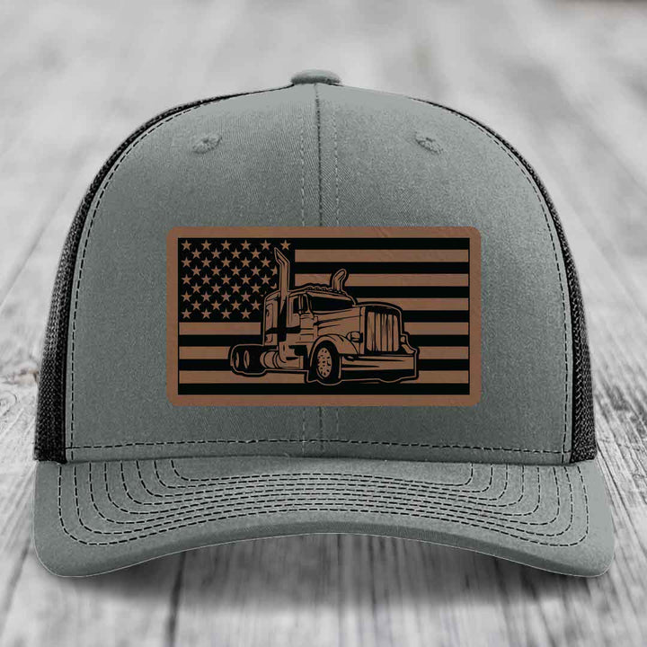 American Flag Peterbilt Truck - Leather Patch Hat - Dark Brown to Black Patch - Richardson 112 Snapback Trucker Hat
