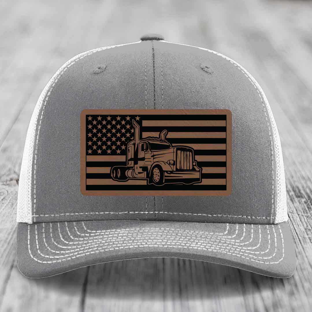 American Flag Peterbilt Truck - Leather Patch Hat - Dark Brown to Black Patch - Richardson 112 Snapback Trucker Hat