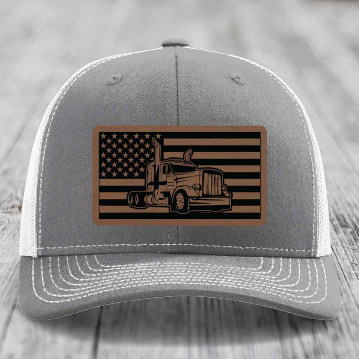 American Flag Peterbilt Truck - Leather Patch Hat - Dark Brown to Black Patch - Richardson 112 Snapback Trucker Hat