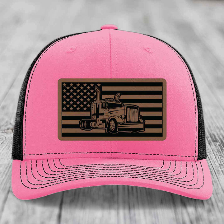 American Flag Peterbilt Truck - Leather Patch Hat - Dark Brown to Black Patch - Richardson 112 Snapback Trucker Hat