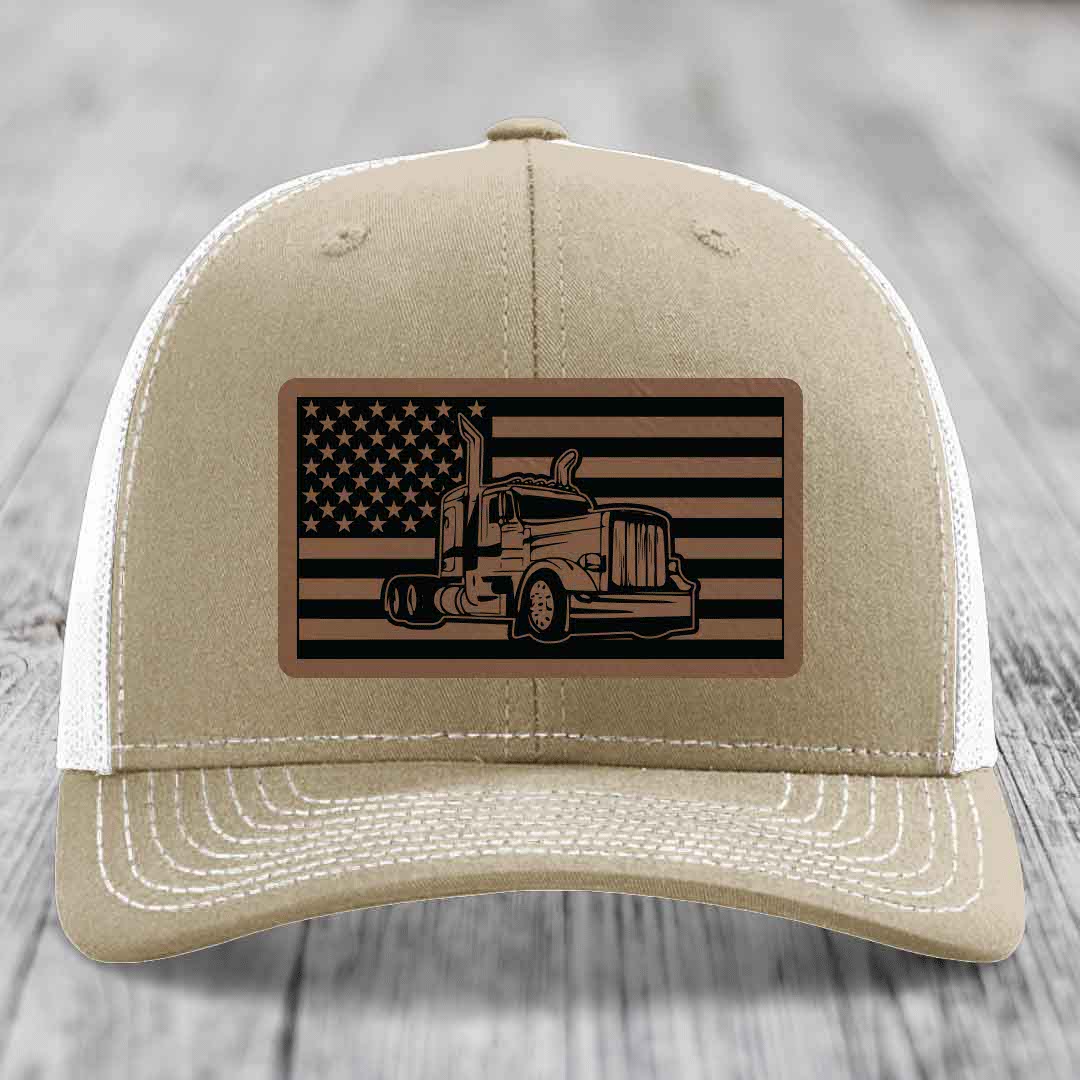 American Flag Peterbilt Truck - Leather Patch Hat - Dark Brown to Black Patch - Richardson 112 Snapback Trucker Hat