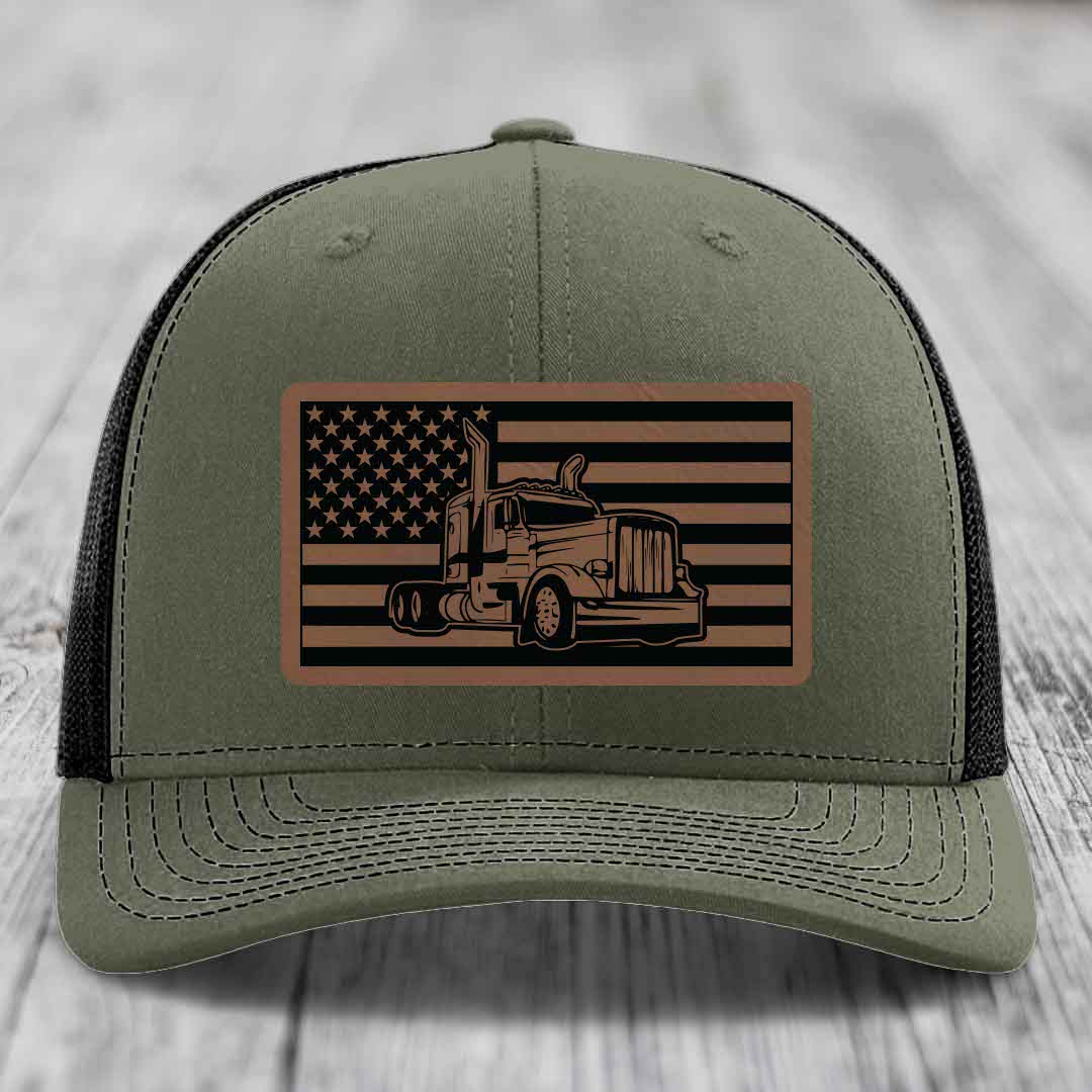 American Flag Peterbilt Truck - Leather Patch Hat - Dark Brown to Black Patch - Richardson 112 Snapback Trucker Hat