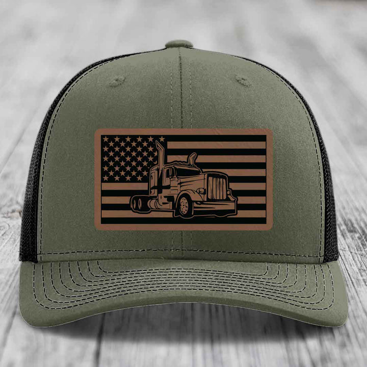 American Flag Peterbilt Truck - Leather Patch Hat - Dark Brown to Black Patch - Richardson 112 Snapback Trucker Hat