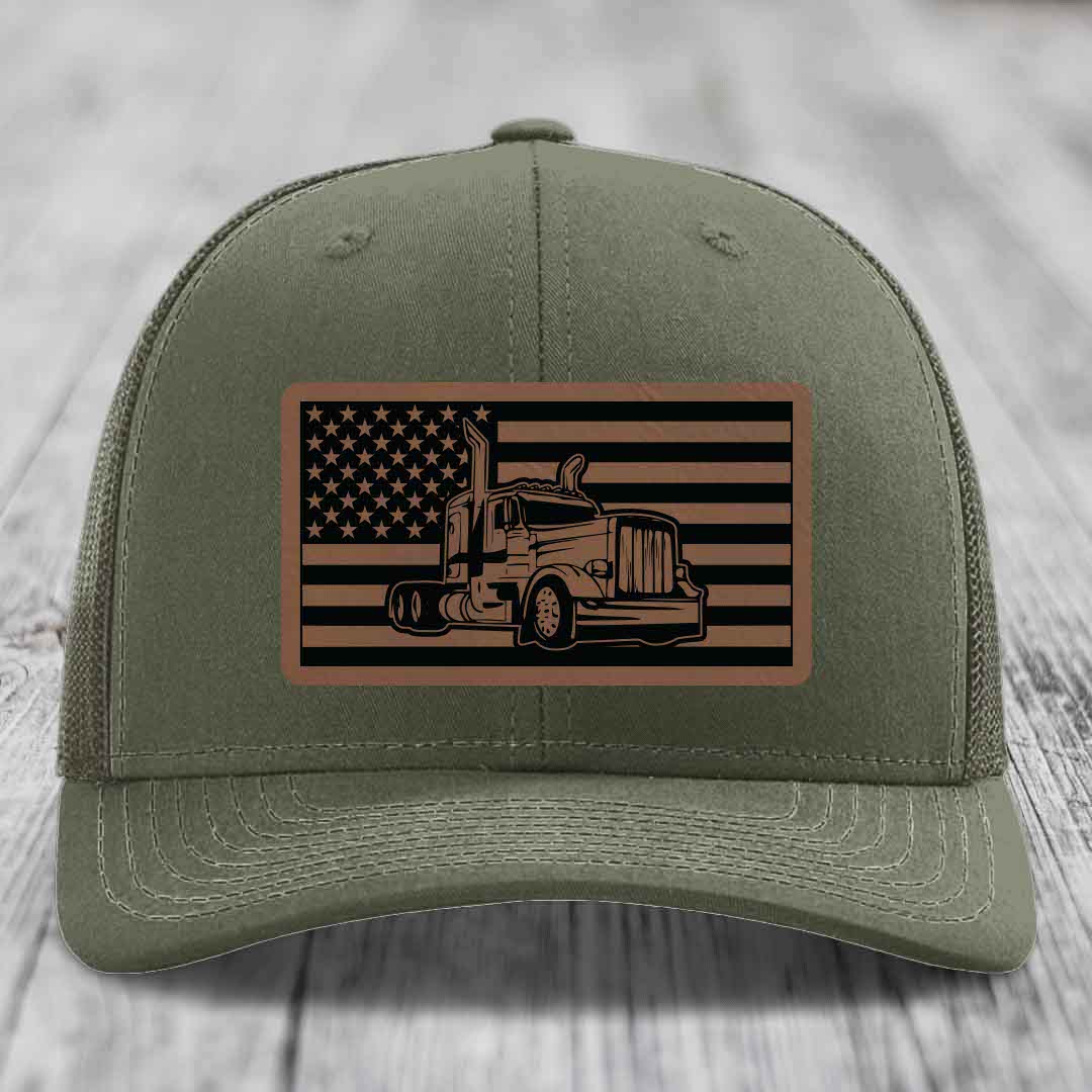 American Flag Peterbilt Truck - Leather Patch Hat - Dark Brown to Black Patch - Richardson 112 Snapback Trucker Hat
