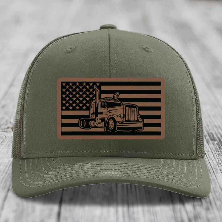 American Flag Peterbilt Truck - Leather Patch Hat - Dark Brown to Black Patch - Richardson 112 Snapback Trucker Hat