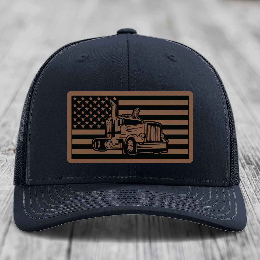 American Flag Peterbilt Truck - Leather Patch Hat - Dark Brown to Black Patch - Richardson 112 Snapback Trucker Hat