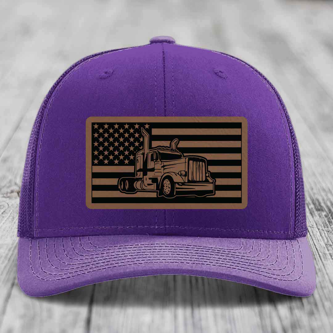 American Flag Peterbilt Truck - Leather Patch Hat - Dark Brown to Black Patch - Richardson 112 Snapback Trucker Hat