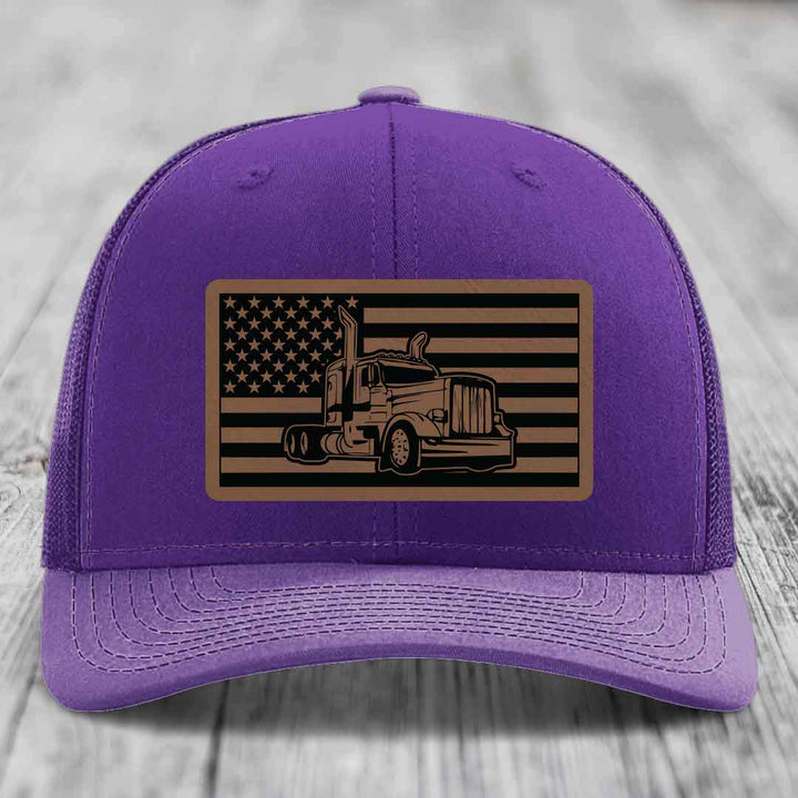 American Flag Peterbilt Truck - Leather Patch Hat - Dark Brown to Black Patch - Richardson 112 Snapback Trucker Hat