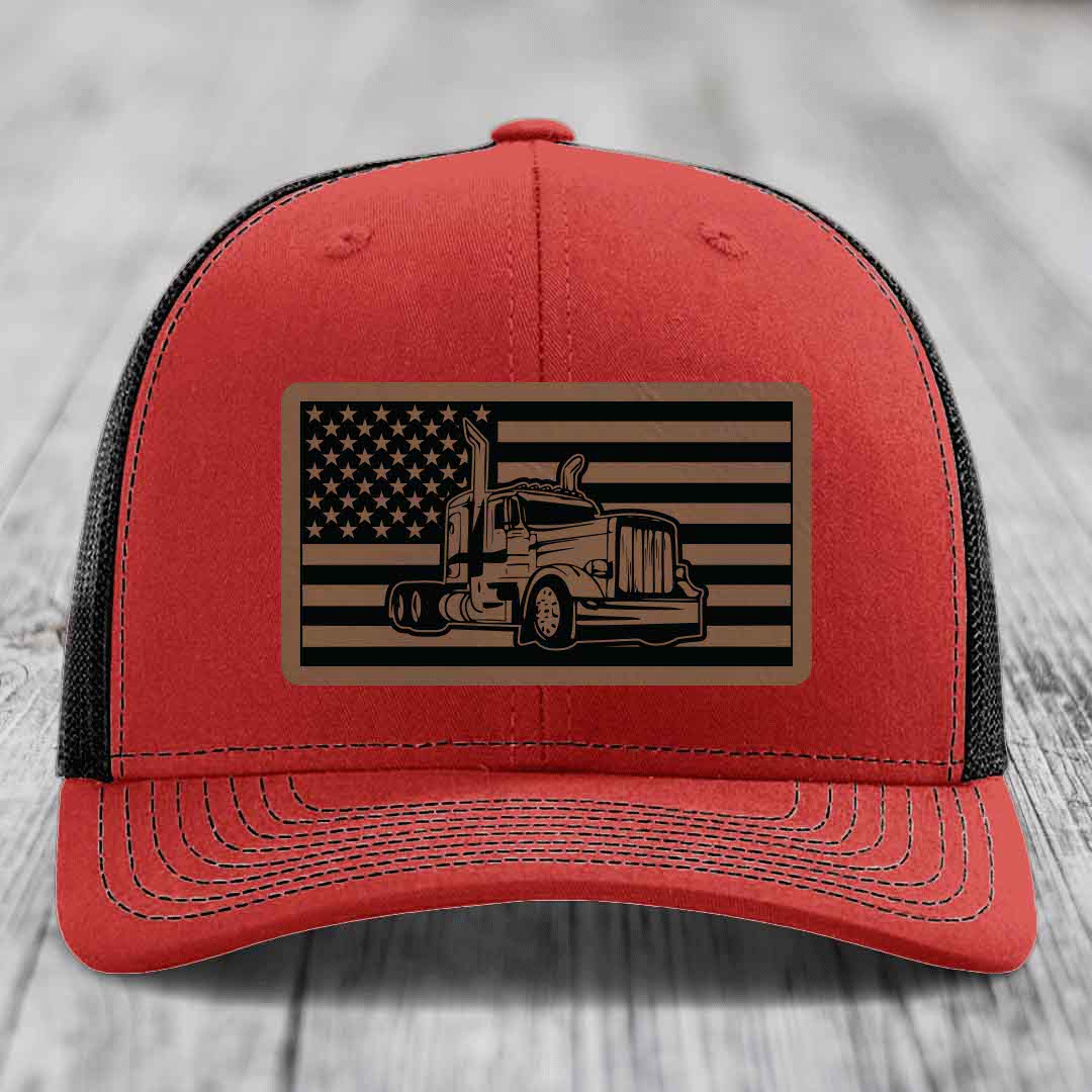 American Flag Peterbilt Truck - Leather Patch Hat - Dark Brown to Black Patch - Richardson 112 Snapback Trucker Hat