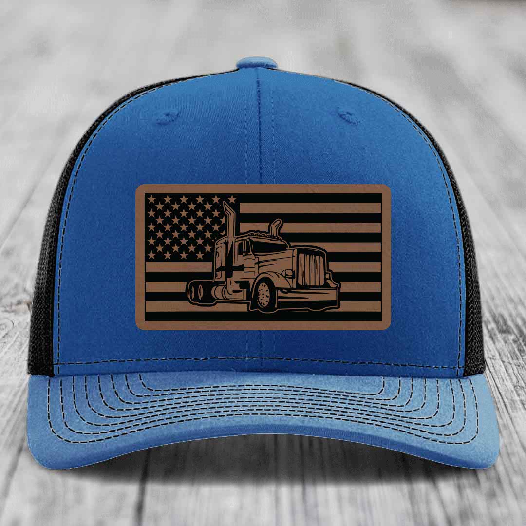 American Flag Peterbilt Truck - Leather Patch Hat - Dark Brown to Black Patch - Richardson 112 Snapback Trucker Hat