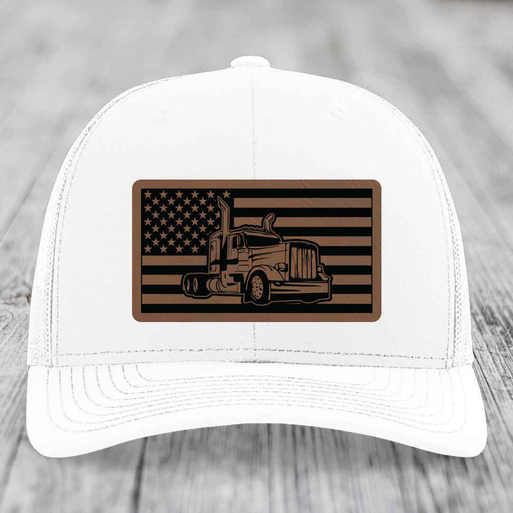 American Flag Peterbilt Truck - Leather Patch Hat - Dark Brown to Black Patch - Richardson 112 Snapback Trucker Hat