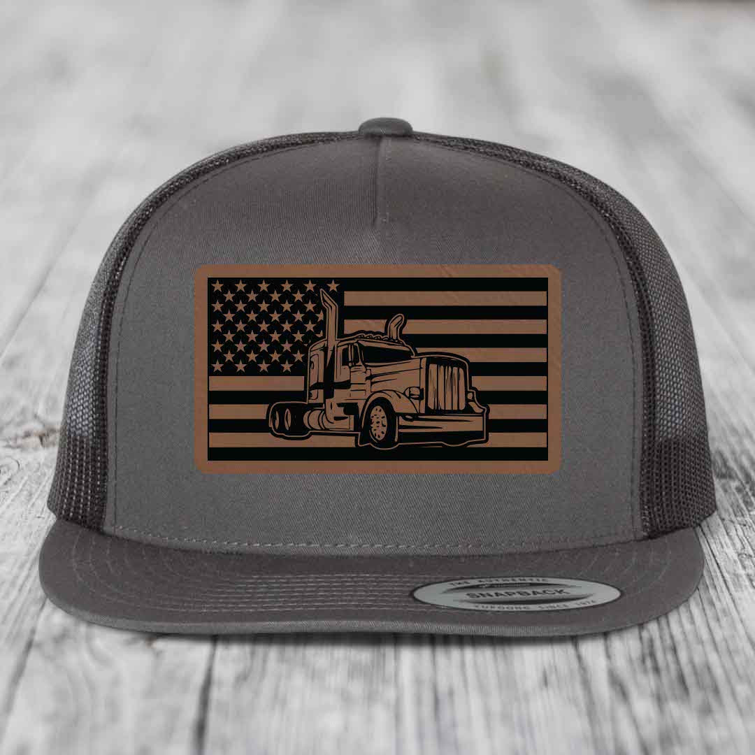 American Flag Peterbilt Truck - Leather Patch Hat - Dark Brown to Black Patch - Yupoong 6006 Snapback Flatbill Hat