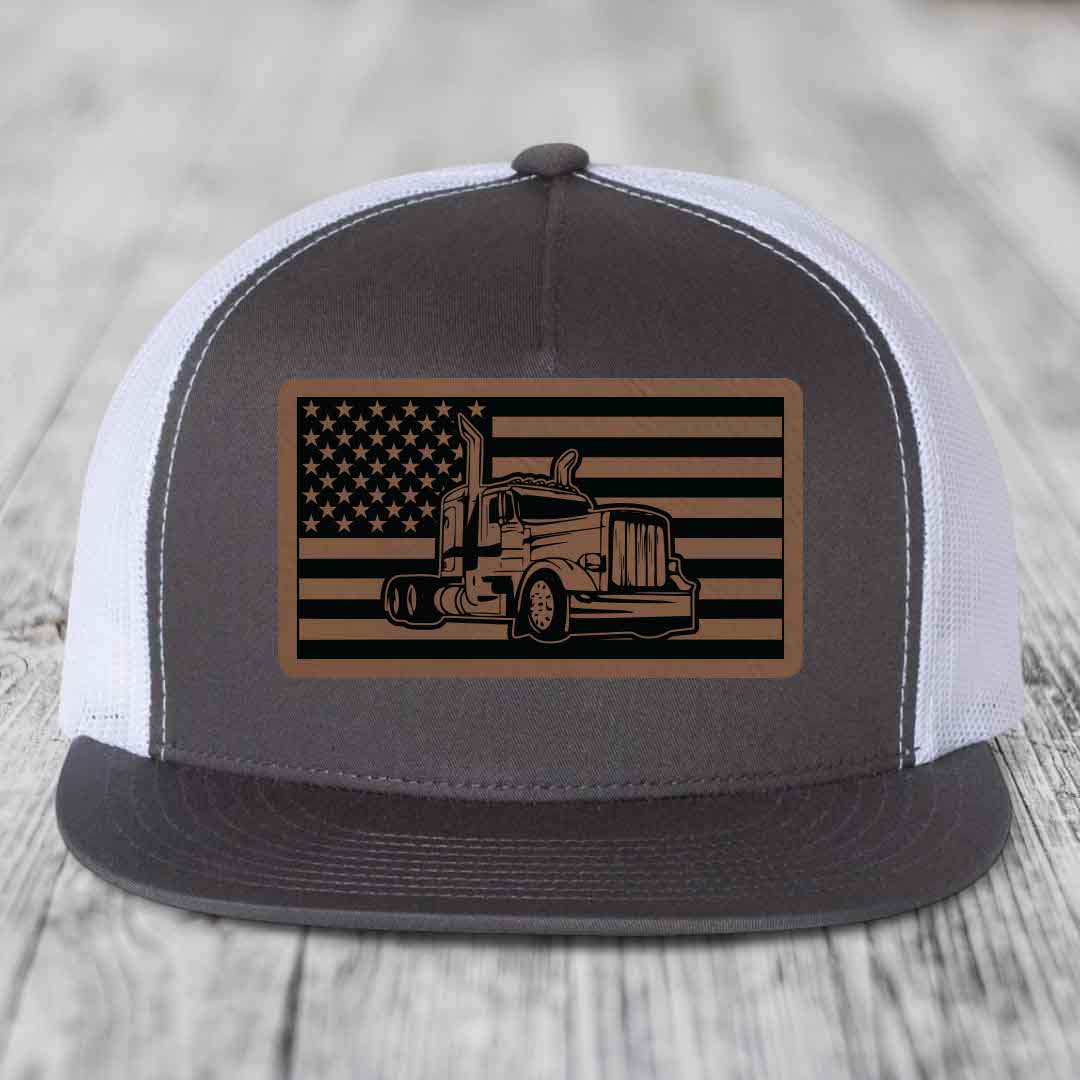 American Flag Peterbilt Truck - Leather Patch Hat - Dark Brown to Black Patch - Yupoong 6006 Snapback Flatbill Hat