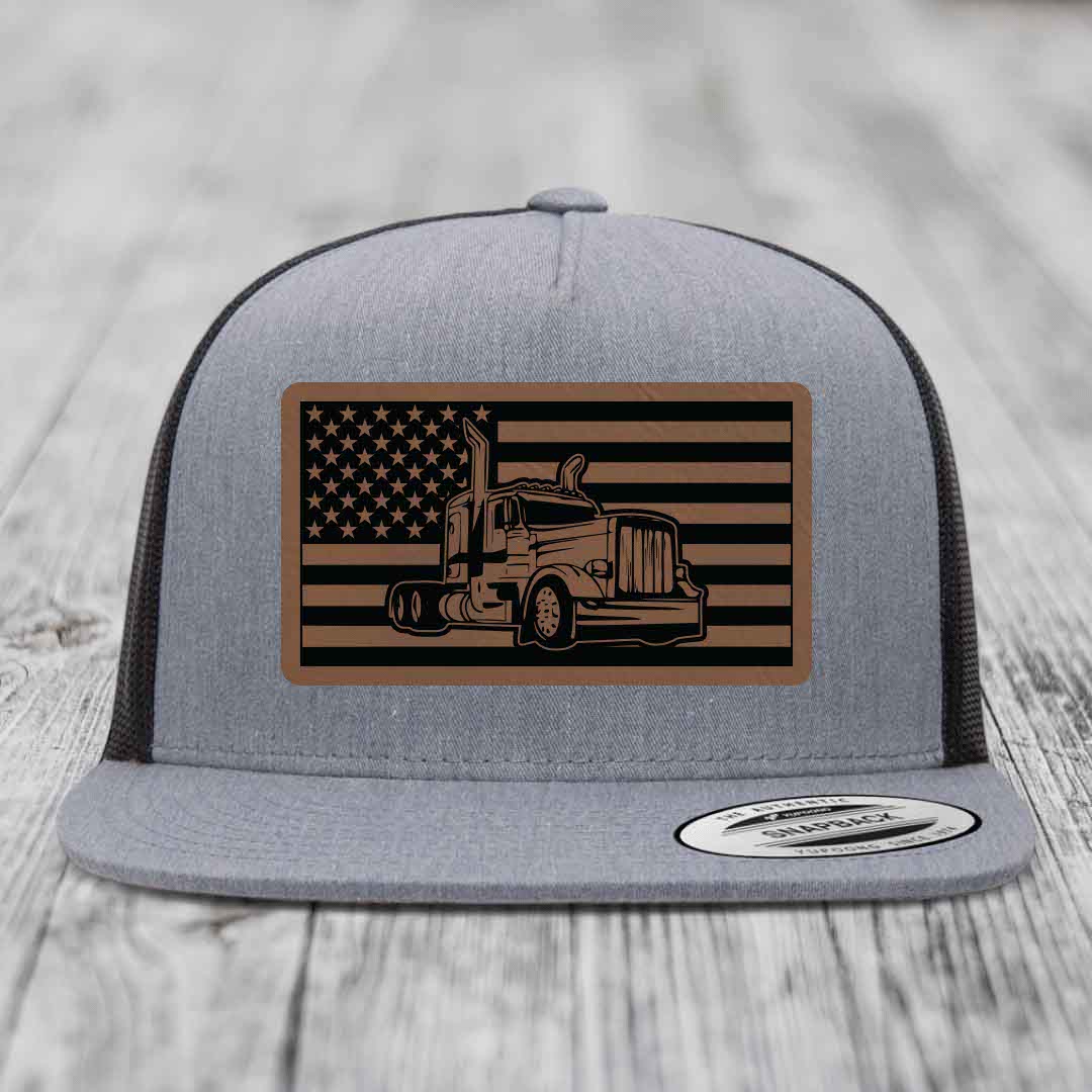 American Flag Peterbilt Truck - Leather Patch Hat - Dark Brown to Black Patch - Yupoong 6006 Snapback Flatbill Hat