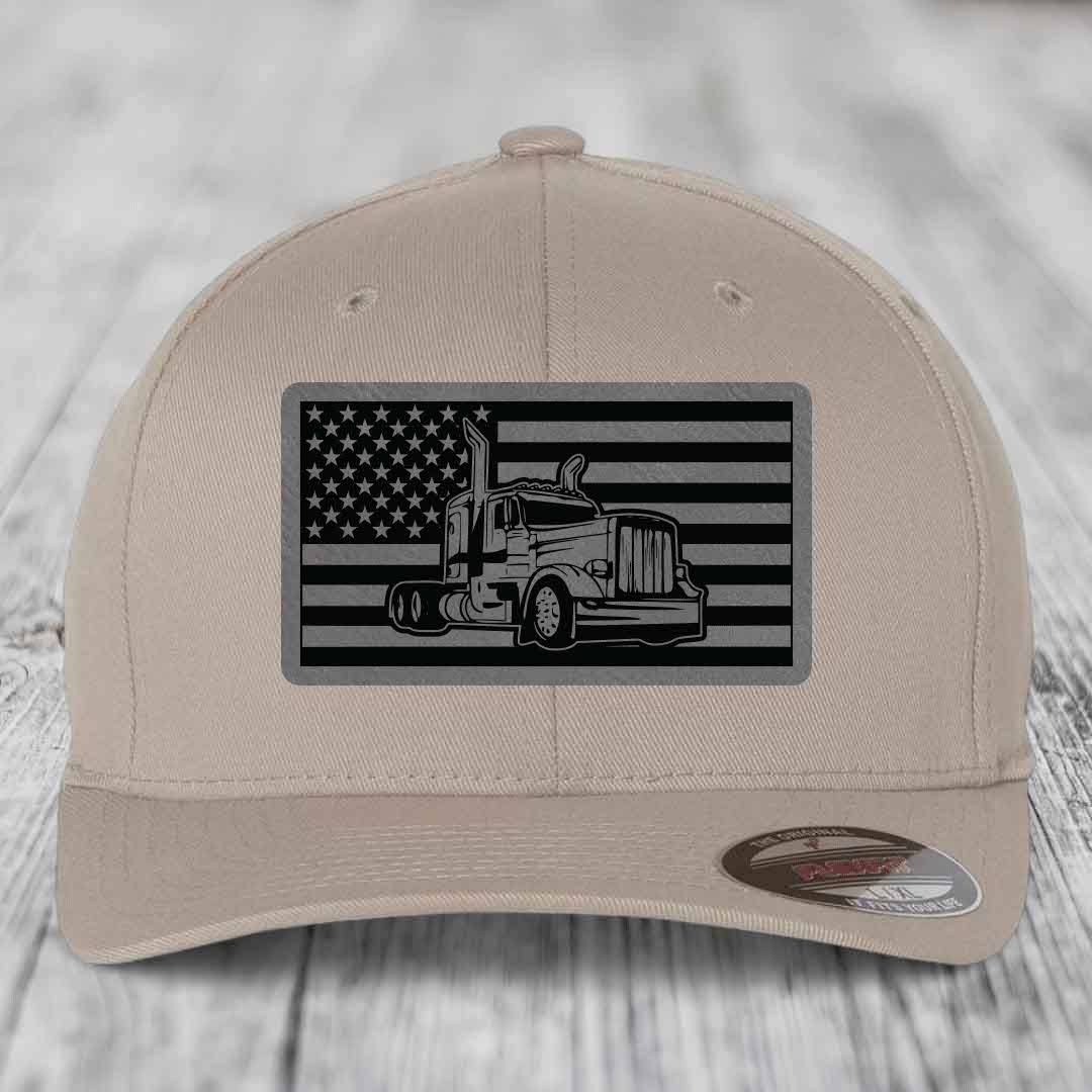 American Flag Peterbilt Truck - Leather Patch Hat - Grey to Black Patch - Flexfit 6277 Fitted Hat