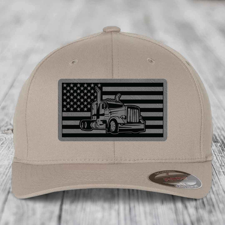 American Flag Peterbilt Truck - Leather Patch Hat - Grey to Black Patch - Flexfit 6277 Fitted Hat