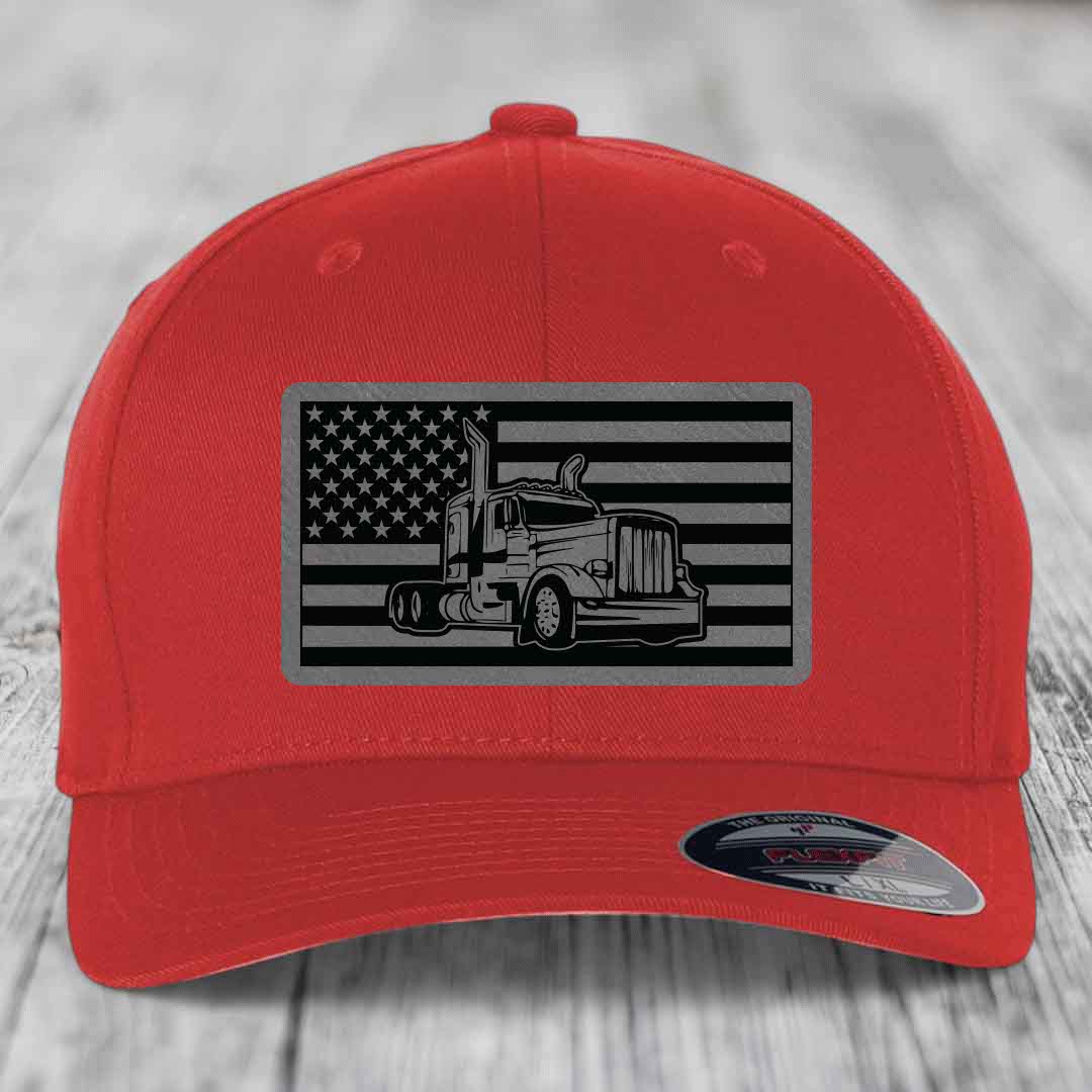 American Flag Peterbilt Truck - Leather Patch Hat - Grey to Black Patch - Flexfit 6277 Fitted Hat