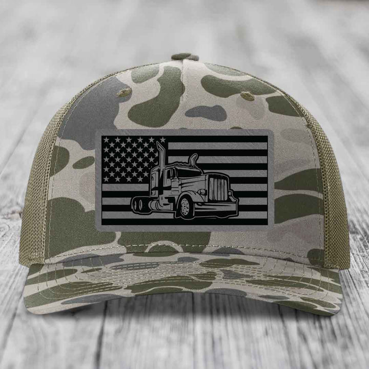 American Flag Peterbilt Truck - Leather Patch Hat - Grey to Black Patch - Richardson 112PFP Snapback Trucker Hat