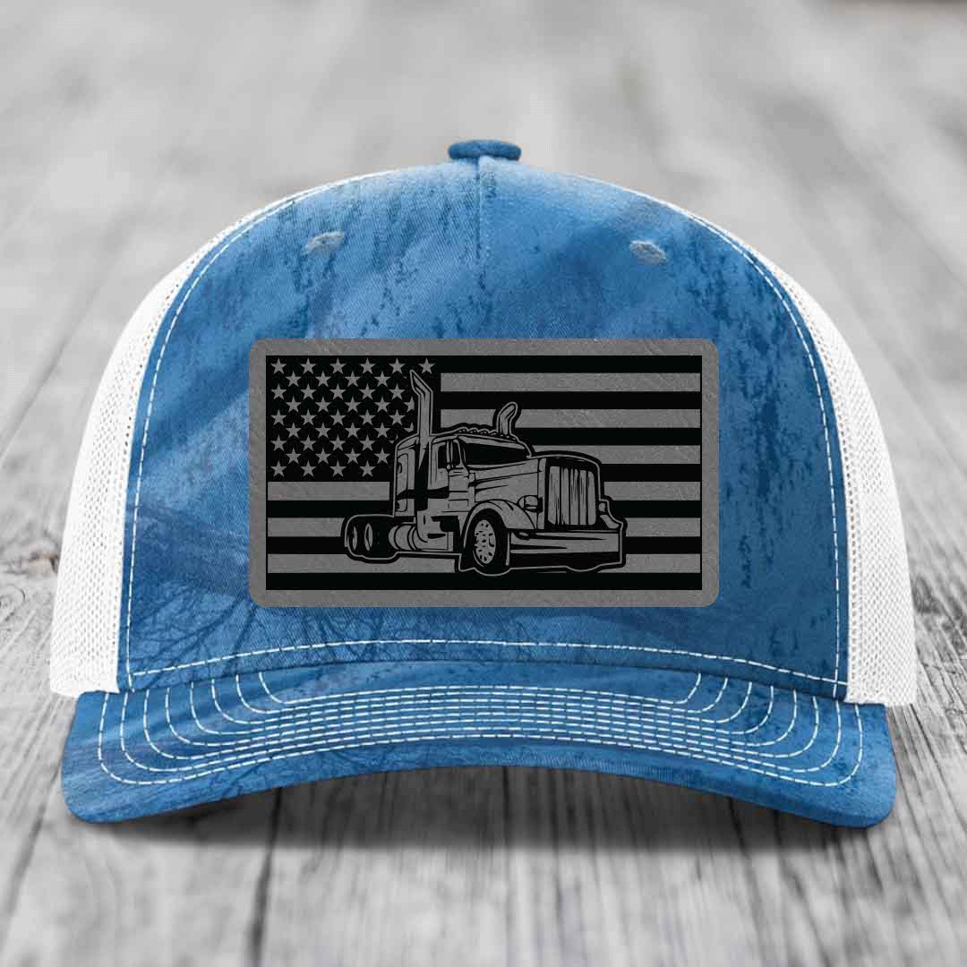 American Flag Peterbilt Truck - Leather Patch Hat - Grey to Black Patch - Richardson 112PFP Snapback Trucker Hat