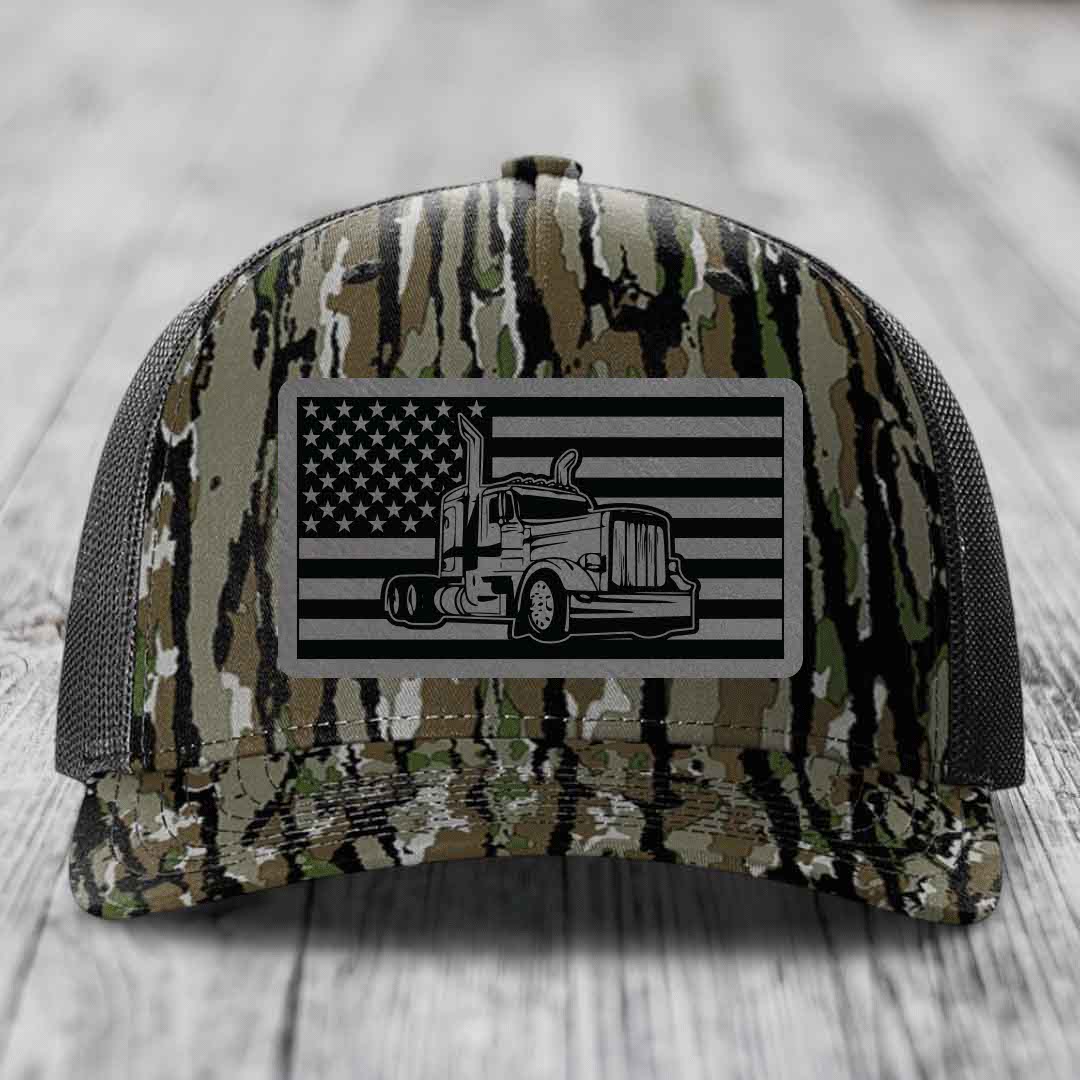 American Flag Peterbilt Truck - Leather Patch Hat - Grey to Black Patch - Richardson 112PFP Snapback Trucker Hat