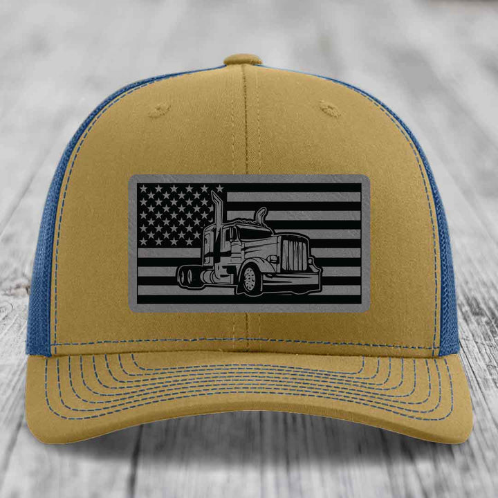 American Flag Peterbilt Truck - Leather Patch Hat - Grey to Black Patch - Richardson 112 Snapback Trucker Hat