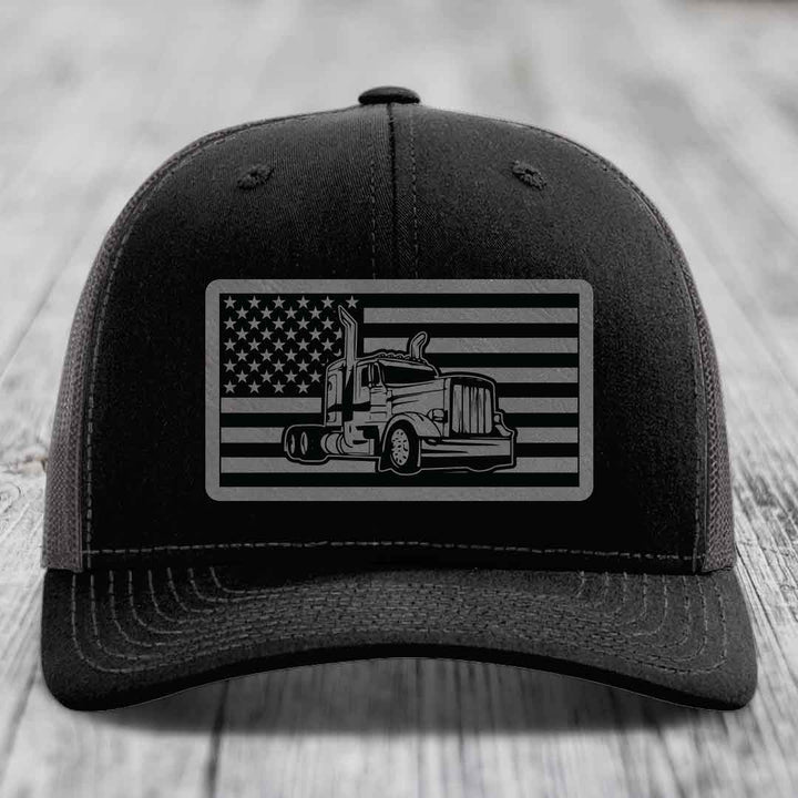 American Flag Peterbilt Truck - Leather Patch Hat - Grey to Black Patch - Richardson 112 Snapback Trucker Hat